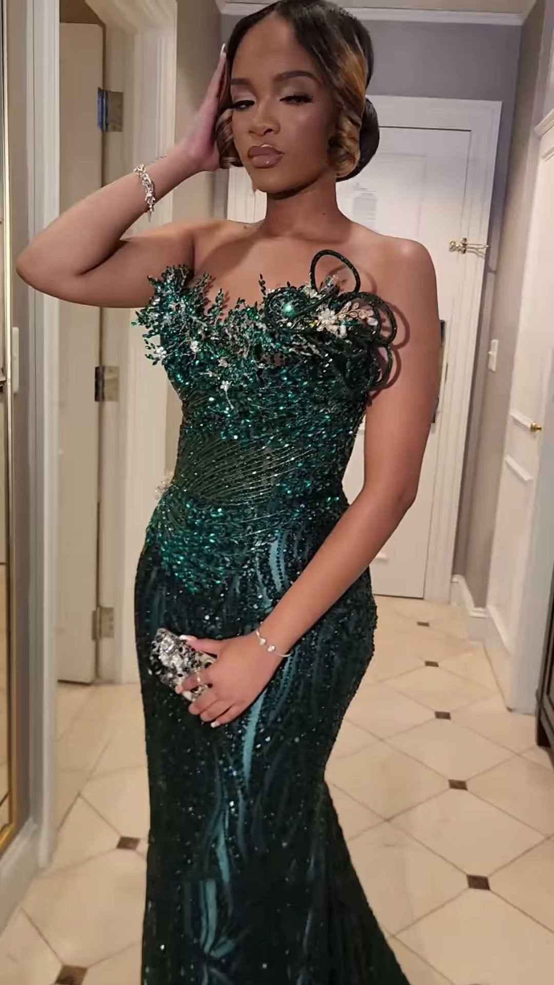 Emerald Enchantment - Sequined Prom Dress with 3D Florals & Spiral Details