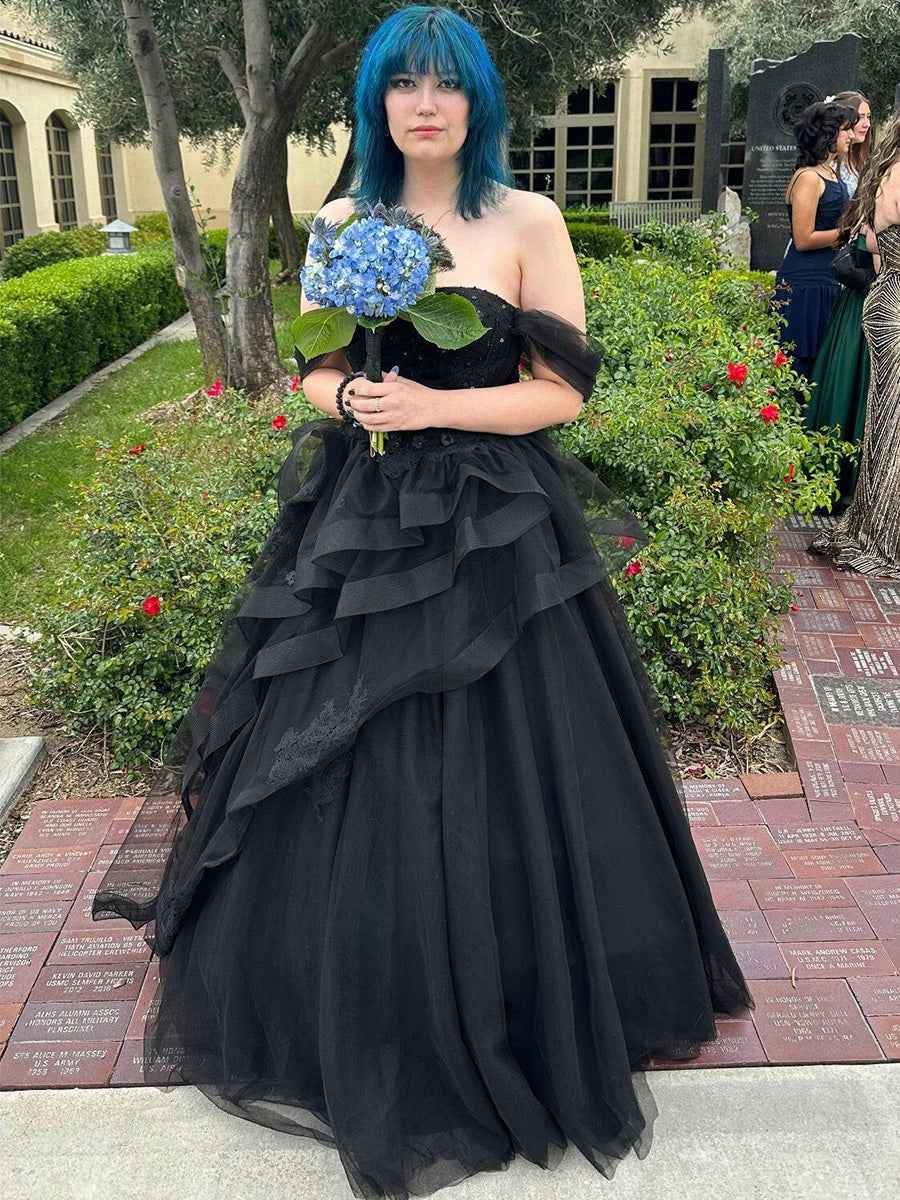 A Line Off-the-Shoulder Appliques Lace Tulle Long Corset Prom Dress
