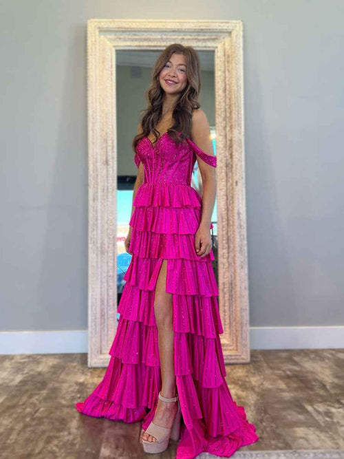 A Line Off the Shoulder Tiered Beaded Prom Dress with Slit BMBRIDE