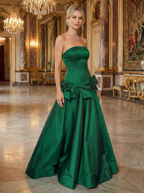 A Line Strapless Drop-Waist Prom Dress with Bow Accents BMBRIDE
