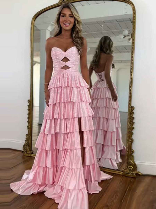 A Line Strapless Sweetheart Satin Prom Dress with Keyhole BMBRIDE