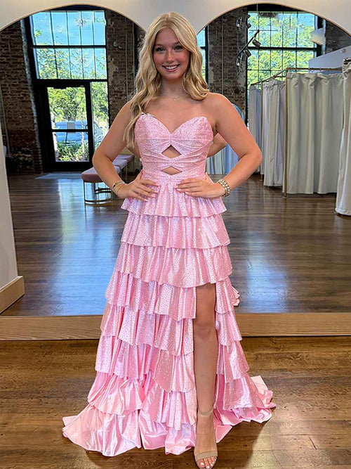 A Line Strapless Sweetheart Satin Long Prom Dress with Keyhole BMBRIDE