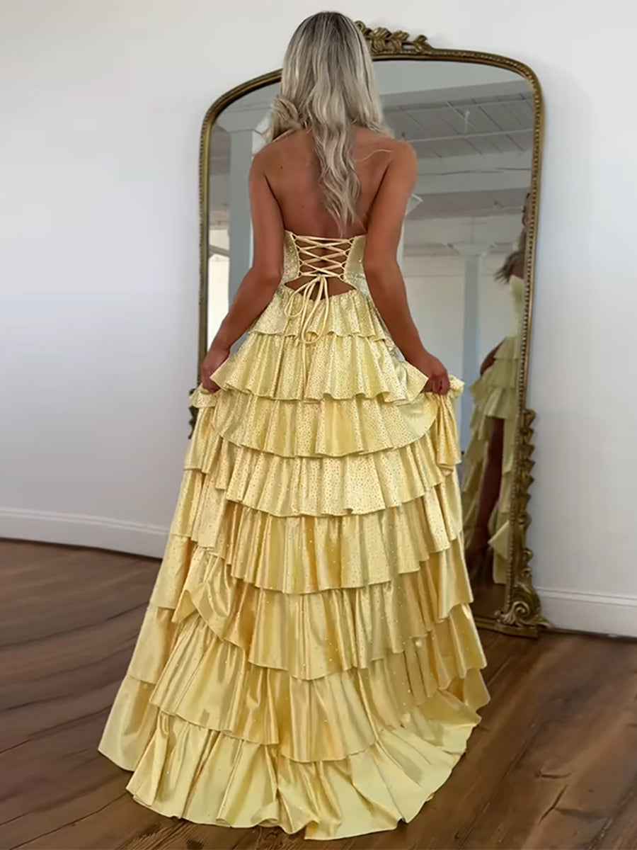 A Line Strapless Sweetheart Satin Prom Dress with Keyhole
