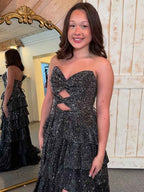 A Line Strapless Sweetheart Satin Long Prom Dress with Keyhole