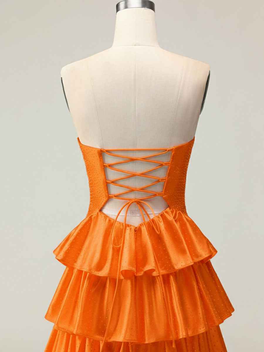 Orange A Line Strapless Sweetheart Satin Prom Dress with Keyhole