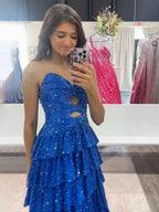 A Line Strapless Sweetheart Satin Long Prom Dress with Keyhole
