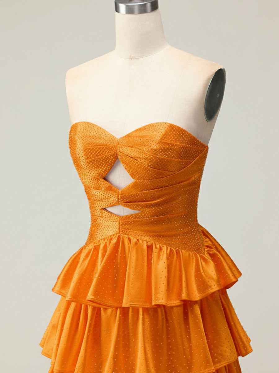 Orange A Line Strapless Sweetheart Satin Prom Dress with Keyhole