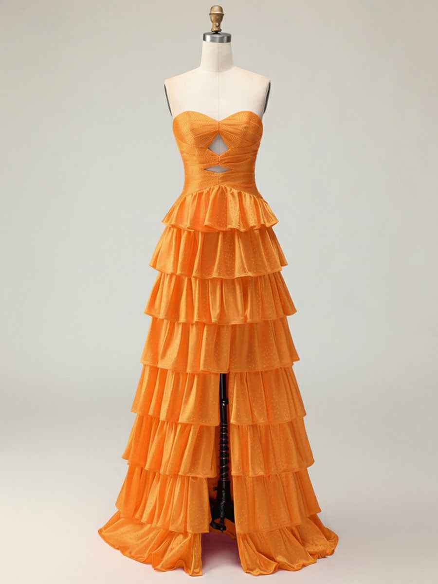 Orange A Line Strapless Sweetheart Satin Prom Dress with Keyhole