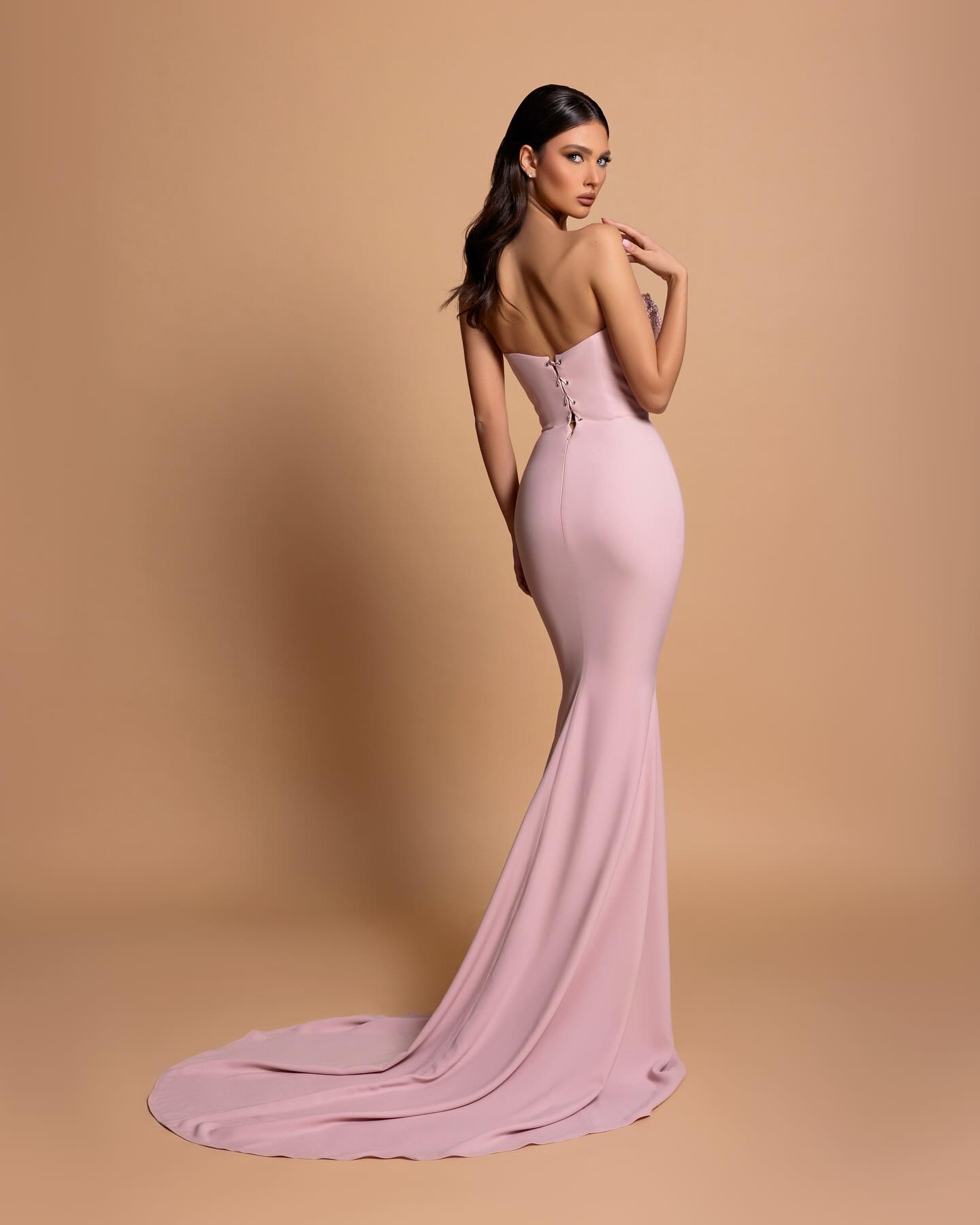 BMbride Amazing Column Strapless Sleeveless Rhinestone Satin Openback With Train Pink Prom Dresses BMbride