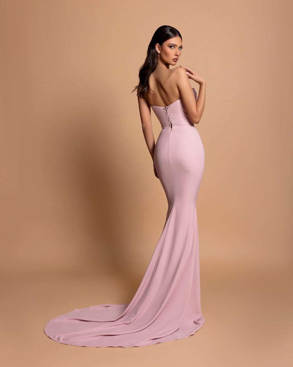 BMbride Amazing Column Strapless Sleeveless Rhinestone Satin Openback With Train Pink Prom Dresses BMbride