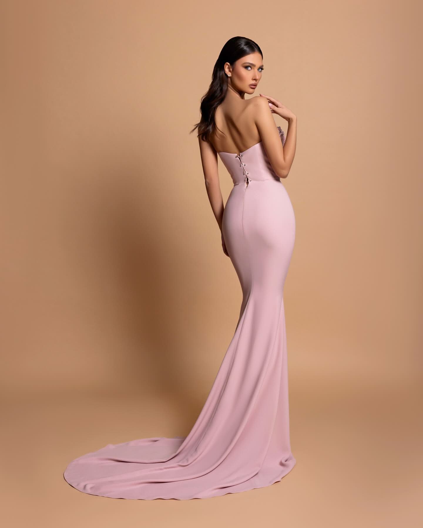 BMbride Amazing Column Strapless Sleeveless Rhinestone Satin Openback With Train Pink Prom Dresses BMbride