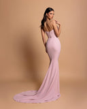 BMbride Amazing Column Strapless Sleeveless Rhinestone Satin Openback With Train Pink Prom Dresses BMbride