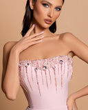 BMbride Amazing Column Strapless Sleeveless Rhinestone Satin Openback With Train Pink Prom Dresses BMbride