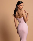 BMbride Amazing Column Strapless Sleeveless Rhinestone Satin Openback With Train Pink Prom Dresses BMbride