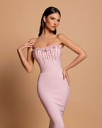 BMbride Amazing Column Strapless Sleeveless Rhinestone Satin Openback With Train Pink Prom Dresses BMbride
