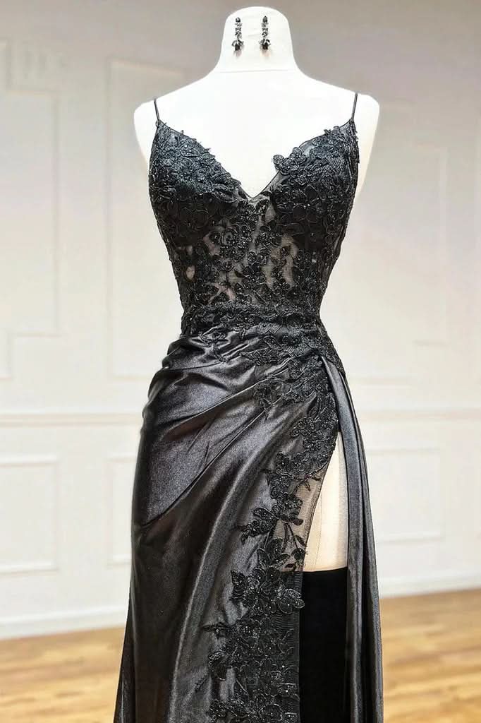 BMbride Amazing Long Black V-neck Spaghetti Straps Lace Sleeveless Prom Dress With Slit BMbride