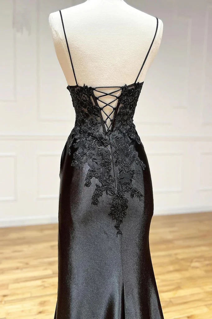 BMbride Amazing Long Black V-neck Spaghetti Straps Lace Sleeveless Prom Dress With Slit BMbride