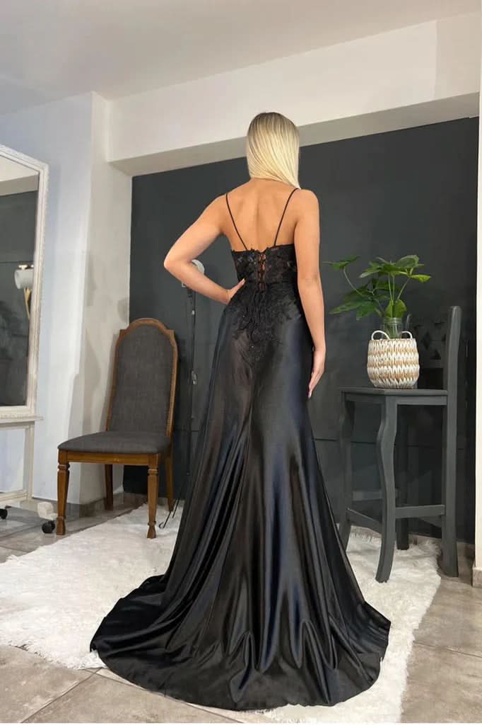 BMbride Amazing Long Black V-neck Spaghetti Straps Lace Sleeveless Prom Dress With Slit BMbride