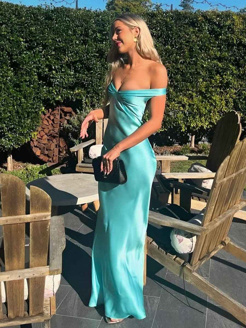 Aqua Mermaid Off The Shoulder Sheath Satin Long Prom Dress BMBRIDE