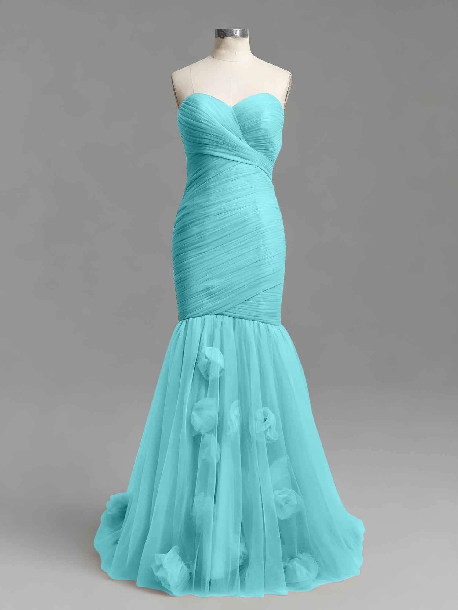 Dusty Rose Mermaid Strapless Ruched Tulle Prom Dress with 3D Floral