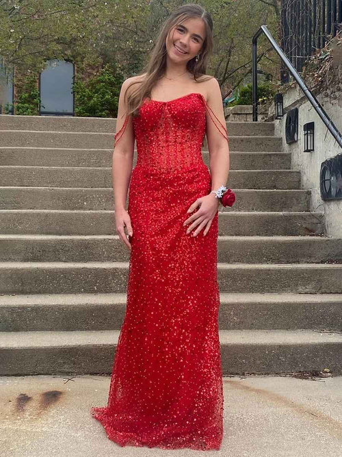 Beaded Straps Sequin Mermaid Long Prom Dress BMBRIDE