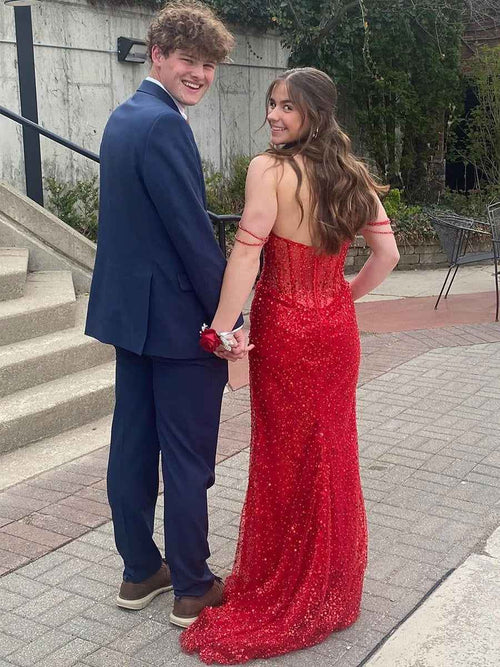Beaded Straps Sequin Mermaid Long Prom Dress BMBRIDE