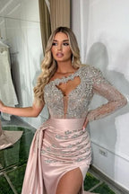 BMbride Beautiful Long Pink Mermaid One Shoulder Long Sleeve Glitter Prom Dress With Slit BMbride