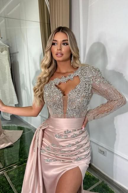 BMbride Beautiful Long Pink Mermaid One Shoulder Long Sleeve Glitter Prom Dress With Slit BMbride