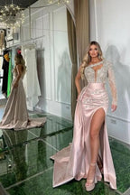 BMbride Beautiful Long Pink Mermaid One Shoulder Long Sleeve Glitter Prom Dress With Slit BMbride