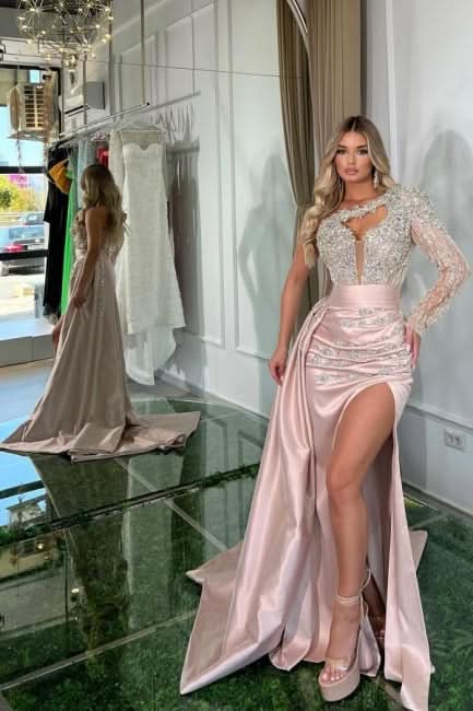 BMbride Beautiful Long Pink Mermaid One Shoulder Long Sleeve Glitter Prom Dress With Slit BMbride