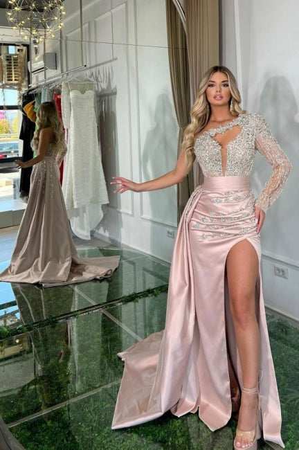 BMbride Beautiful Long Pink Mermaid One Shoulder Long Sleeve Glitter Prom Dress With Slit BMbride