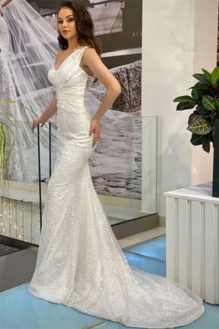 BMbride Beautiful Long White One Shoulder Sleeveless Mermaid Evening Dresses With Glitter BMbride