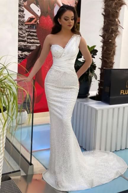 BMbride Beautiful Long White One Shoulder Sleeveless Mermaid Evening Dresses With Glitter BMbride