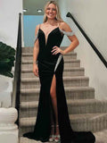 Black Mermaid Cold Shoulder V-Neck Beads Long Prom Dress with Slit