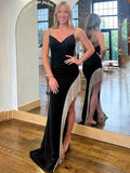 Black Mermaid Spaghetti Straps V-Neck Tassels Long Prom Dress with Slit