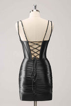 Sparkly Black Spaghetti Straps Tight Corset Homecoming Dress with Sequins