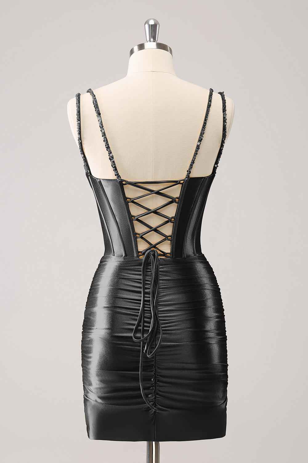 Sparkly Black Spaghetti Straps Tight Corset Homecoming Dress with Sequins