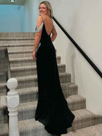 Black Mermaid Cold Shoulder V-Neck Beads Long Prom Dress with Slit