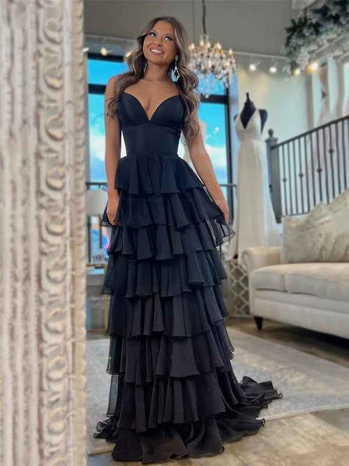 Black A-Line Spaghetti Straps Long Tierede Tulle Prom Dress With Slit BMBRIDE