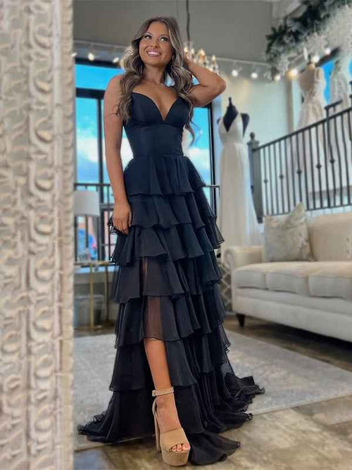 Black A-Line Spaghetti Straps Long Tierede Tulle Prom Dress With Slit BMBRIDE