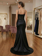 Black Beaded Corset Satin Long Prom Dress with High Slit