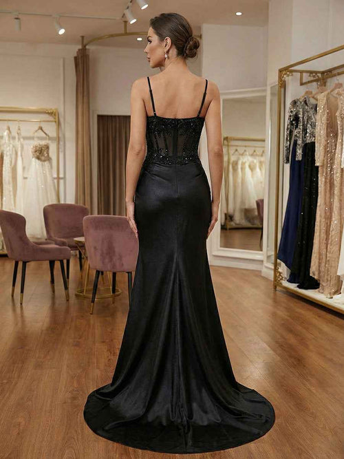 Black Beaded Corset Satin Long Prom Dress with High Slit BMBRIDE