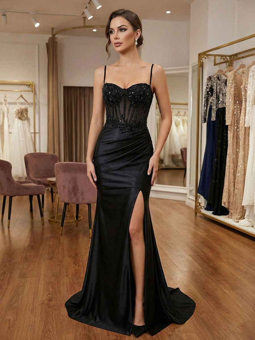 Black Beaded Corset Satin Long Prom Dress with High Slit BMBRIDE