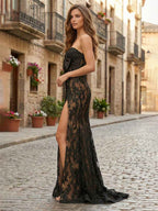 Black Lace Strapless Satin Bow Prom Dress with Slit