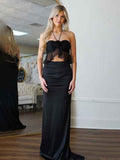 Black Mermaid Halter Neck Long Satin Prom Dress with 3D Flower