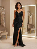Black Mermaid V Neck Pleated Sequins Long Prom Dress with Slit