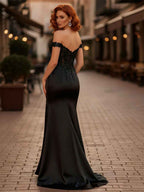 Black Off-the-Shoulder Lace Corset Satin Prom Dress with Slit