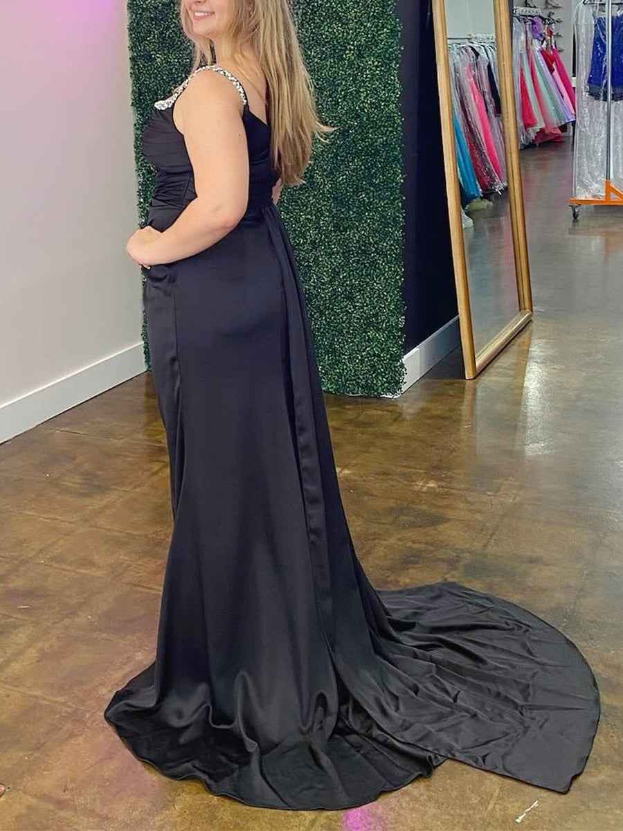 Black Satin Crystal Straps Ruched Prom Dress with Slit