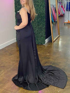 Black Satin Crystal Straps Ruched Prom Dress with Slit