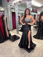 Black Satin Strapless Crystal Beaded Corset Prom Dress with High Slit